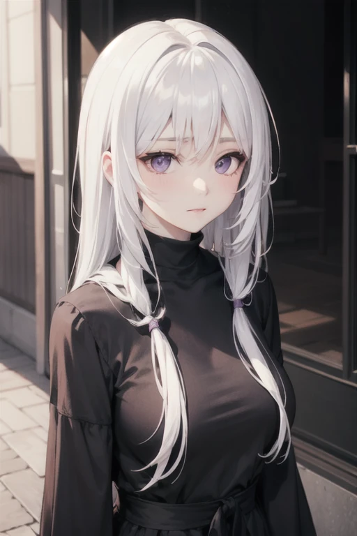 Hot woman, white hair, pink eyes, black school clothes, big tits