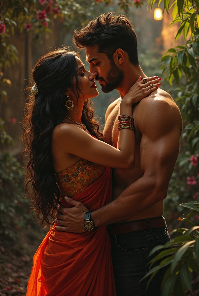 Hot traditional indian woman, sexy dress, with muscular white man, outdoor
