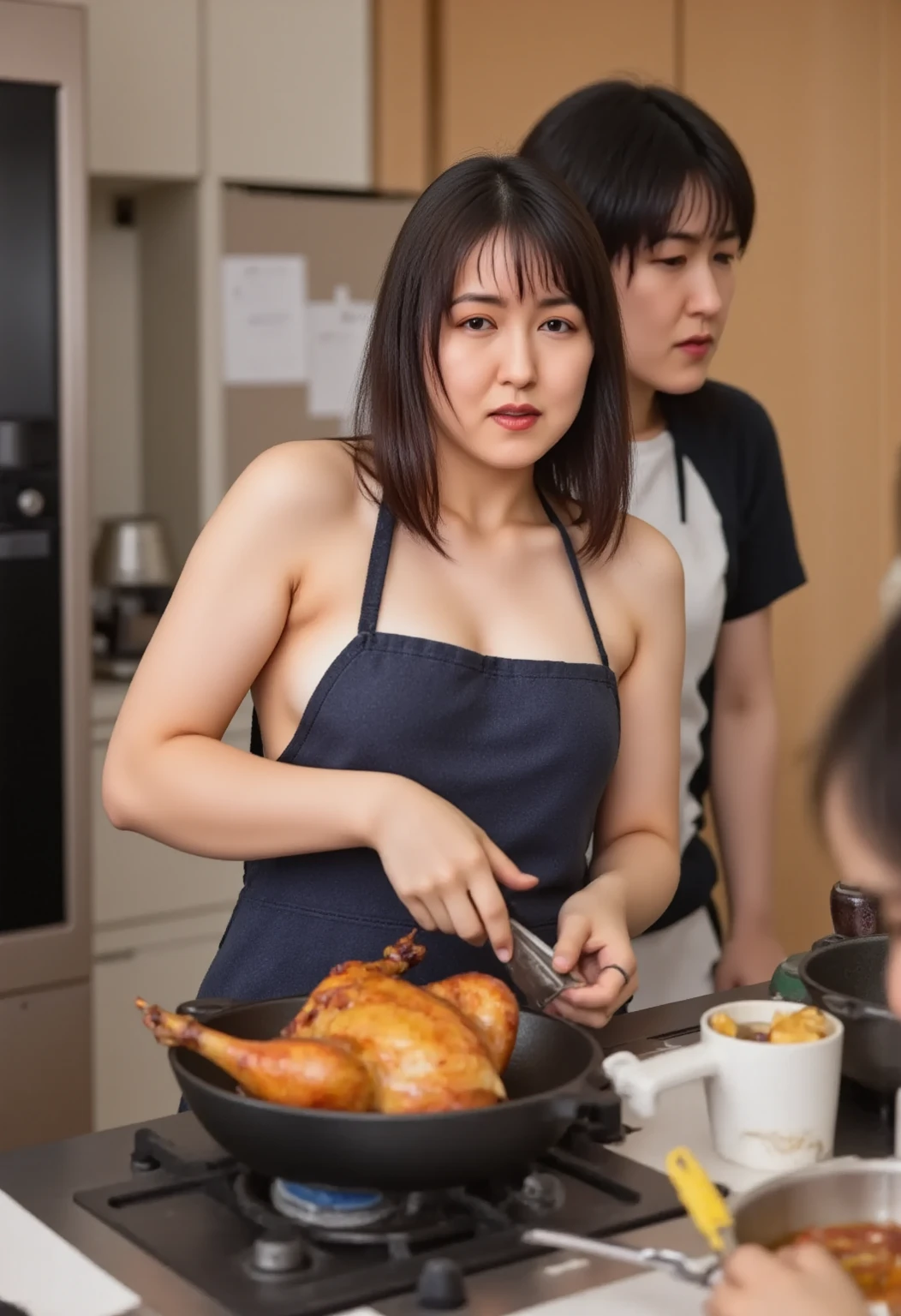 ((top-quality、8K分辨率、Master masterpiece、Portrait:1.3)), Photorealsitic, 35㎜ film, 1 Japan Woman, Beautie, 47 years old, Wavy Hair, Wrinkles at the corners of the eyes, Plump body, ((bra very、panties on :1.5)) , (Hamburger stall: 1.3), Jumbled background, hamburgers, Cooking utensils