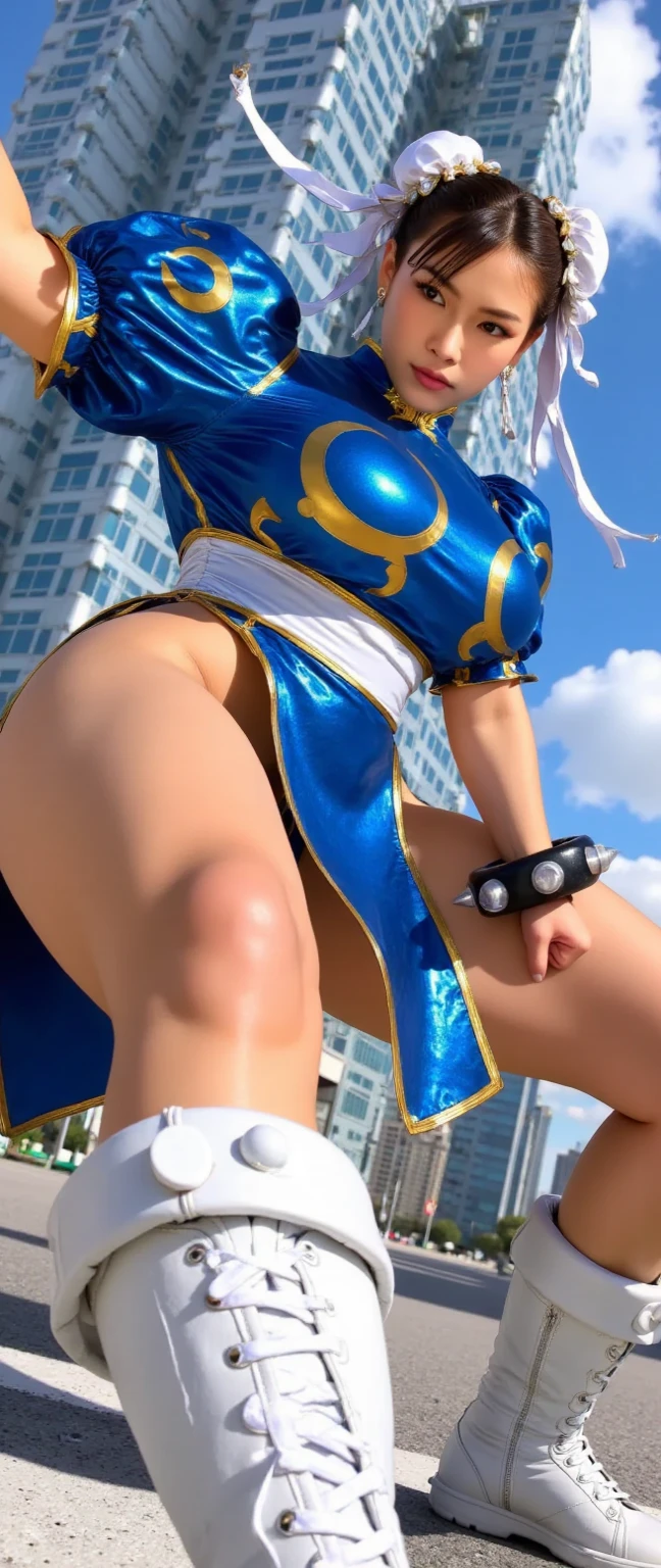 8k、超A high resolution、highest quality、Tabletop、Ultra-high resolution(super Gigantic Huge Breast、Toned body:1.18)(White and blue clothes:1.25)(Long blonde hair:1.1)Japanese women、very cute、Cute Smile、Squat、Spread your legs,High Kick、Outdoor、a sunny day、Large crowd、full nelson (sex position) / grab thight sexpose