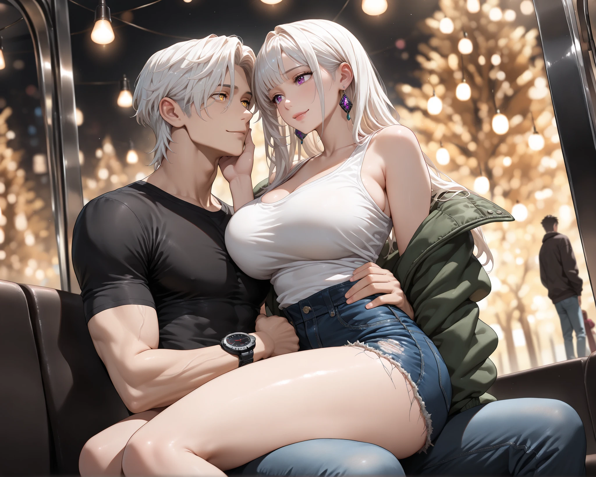 teenage girl、white haired man、hug a girl、big bust、bigger hips、blush、embarrassed look、intensive contact、dandy、Girl hugging guy、kiss、girl straddling a man、disheveled clotheini skirt、man putting his hand on a girl&#39;chest of、garden、ruffle nightgown、elder、sit on a bench、girl putting her hand on a man&#39;thighs、girl touching her breasts to a man、see through nipples、Asian