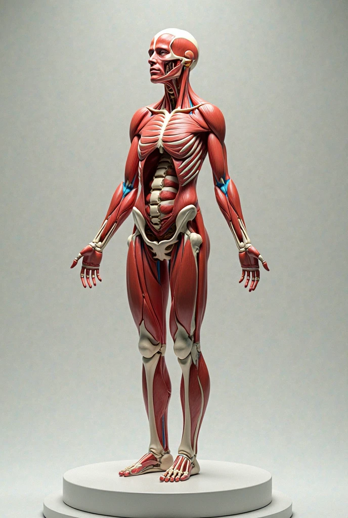 "Create a highly detailed and anatomically accurate 3D human body model. The model should include visible internal structures such as muscles, bones, organs, and veins. The model should be realistic and suitable for educational purposes."