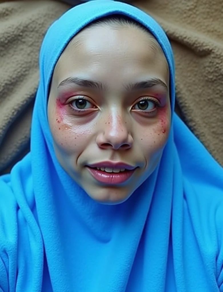 Masterpiece, realistic, best quality, best lighting, 1 girl photo solo, beautifully makeup, eyeshadow, Parted Lips, Detailed Eyes, beautiful big eyes, long eye lashes, smile, wearing ((Dark gray satin headscarf)), loosely tide hijab style, ((Taupe satin shirt)), satin long skirt, sleeping on a bed, laying on bed, cum on face