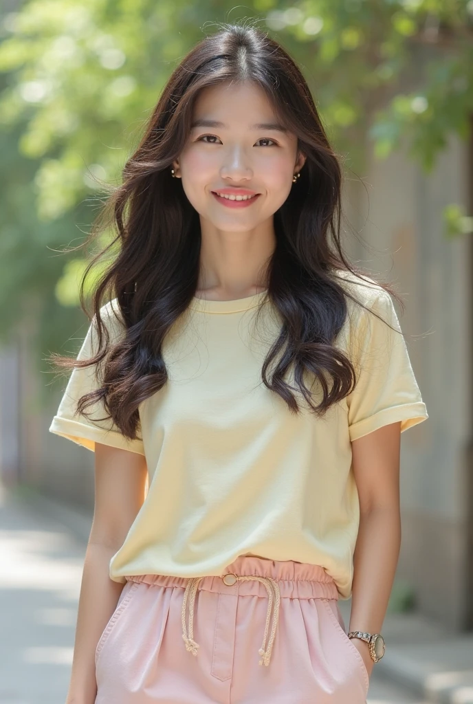 ((best quality, 8k, masterpiece :1.3)), 1 girl, smiling, whole body, face slimming, pretty Woman, (Dark brown hair), wear yeloow white tshirt and short skirt:1.1, Super detailed faces, delicate eyes, double eyelids, blurred background, face slimming, City, external, street,
