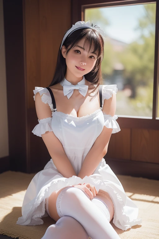 masterpiece, best quality, expressive eyes, perfect face, large breast, big breast, small waist, perfect figure, highly detailed, showing cleavage, brown eyes, short black hair, bangs, full body portrait, she is outside in front of a cottage, she is smiling, dressed as snow white, red bow on her hair, snow white princess, yellow dress, navy blue top, black hair, navy blue top like snow white, it's springtime, spring, sitting on door step