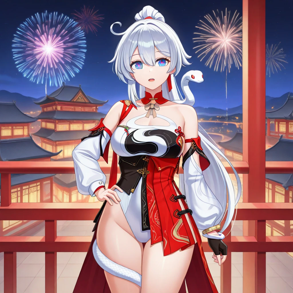 ((one personの女性)), Beautiful Face,Embarrassed and kind expression,Laugh embarrassedly,((Wink:2.0)),turn bright red,Glossy pink lips,night,Shrine festival sexpensives,firework, ((Anime style background)),masterpiece, highest quality, so beautiful, Latest, Complex details, (Pink long nails),AI-generated, Complex,High resolution, highest quality, super high quality,3D Images、View your viewers、3D Images,one person,Long white hair,High Ponytail,blue eyes,Anime woman posing for a photo, [[Fine grain、Colorful eyes、Shining Eyes:1.15]],(Squint your eyes:1.1),a hyperRealistic , hyperRealistic , Realistic,Long haired white hair anime woman, Smooth anime CG art, A woman in a colorful kimono with gold embroidery, (Black kimono),Red floral pattern,Long flower hair ornament,Big earrings,(Big Breasts:1.2),Mature Body,expensive,Big Ass,Fine details,Tight waist,Abdominal muscles,Shooting at an angle,(Take a selfie)