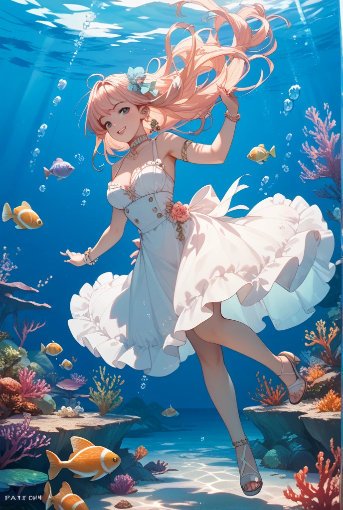 In the ocean during the day、A smiling mermaid happily swimming with a dolphin。A fantastic view unfolds、The light shines through the water, illuminating the surroundings beautifully.。The dolphins also play happily with the mermaids.、Colorful fishes fluttering around them。Water plants swaying gracefully、The scenery is as beautiful as a dream.、Captivating to the viewer。