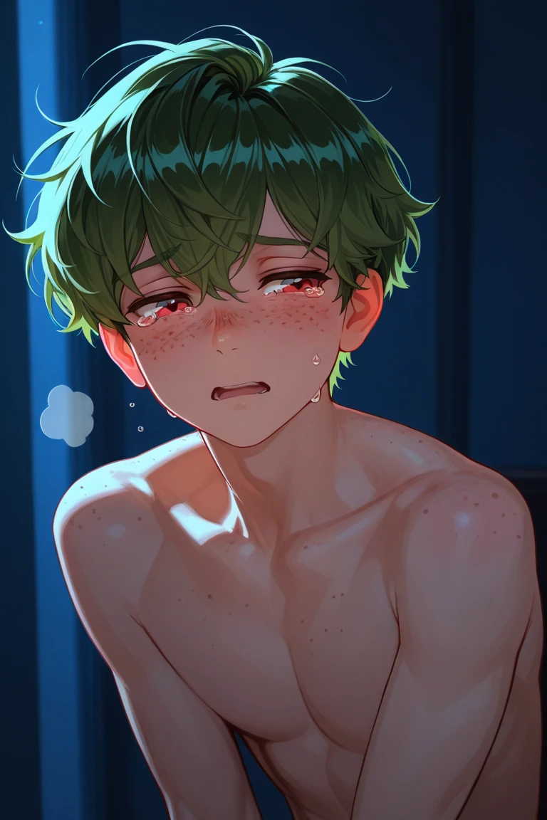 (semi realistic, anime style, masterpiece, best quality, 1boy, intricate details, 8k), Shota boy surrounded by nude men sucking their dicks, oral sex, gay sex, cum all over face,