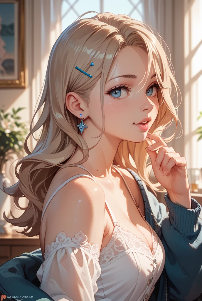 ((((masterpiece, best quality, high resolution)))), Extremely detailed 8K, Beautiful girl with slender body, e-girl, (Ultra HD, Ultra-detailed, Highly detailed, Highly realistic, Ultra-realistic, photograph realistic), (1girl:1.5), (Realistic blonde hair with dark roots), wavy hair, boho bob cut,(dark makeup, pink eyeshadow), facing at camera, light smile, (white and gold outfit, see through clothes, wet skin, transparent). (space cruise), coy grin