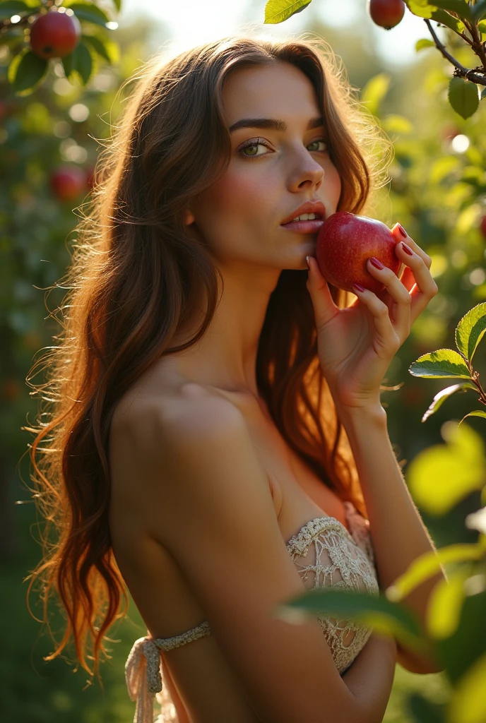 Homem, mulher tendo orgasmo, bitten apple.