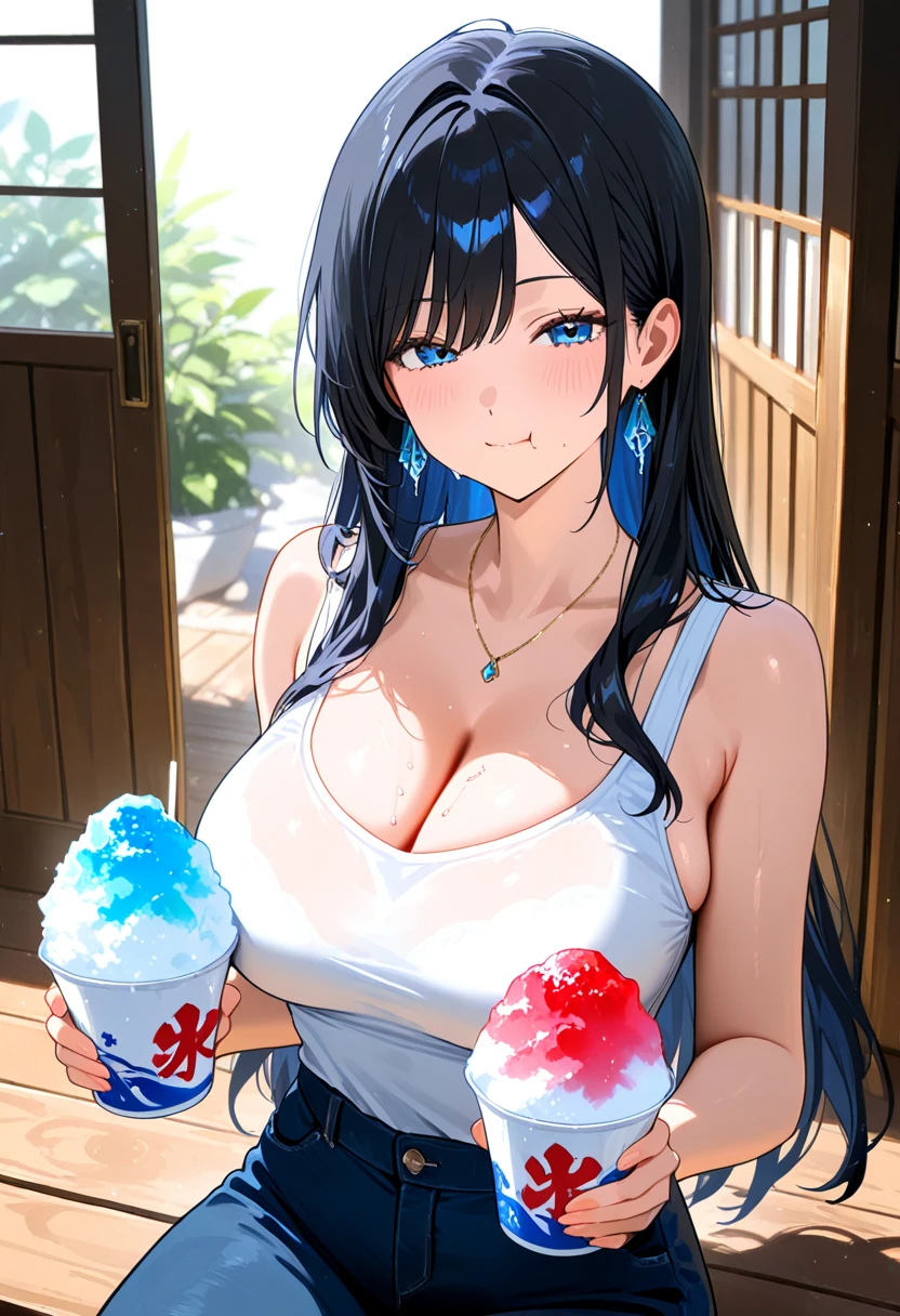Huge mom with very big and huge breasts wearing a bra on the beach dressed as a sailor with her white and blue beret, a drink in her hand