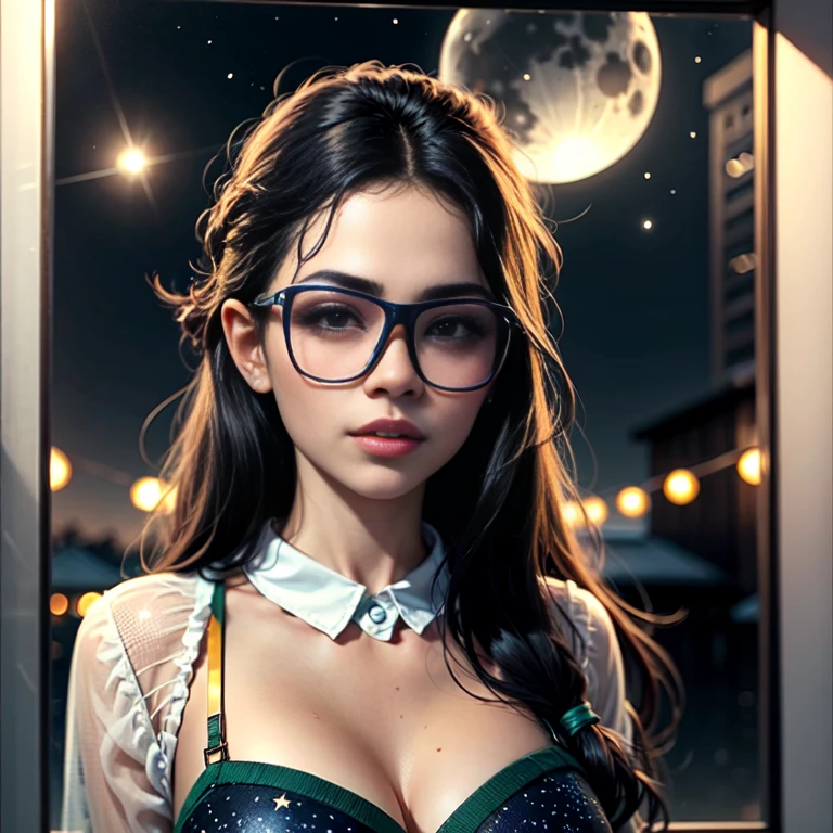 A single European woman, 30 ans, Il y a une femme adulte dans un parc, Sert une peluche pingouin contre elle, porter une robe de printemps, lunettes, Dark Hair, red lips, Oeil d'ombre, maquillage salope, Ponytails, belle poitrine, gros seins, clivage, Avatar de seconde vie, Nice screenshot, Deuxieme vie, Vue de face, seductive woman, High quality, very detailed skin,La nuit, Lumières publiques, pleine lune