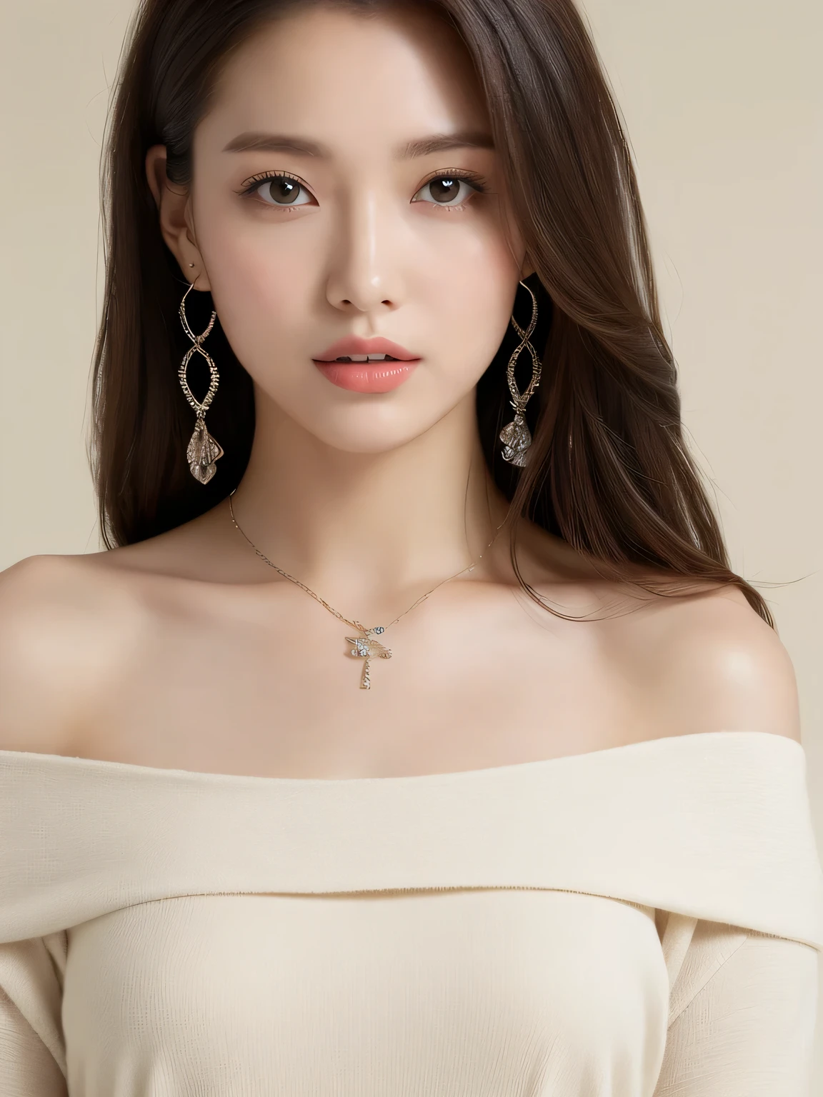 (Highest quality、High resolution、masterpiece:1.3)、Tall and pretty woman、Big ample breasts、Dark brown hair styled in loose waves、Proudly、Wearing a pendant、White Bikini、(Background coast)、Exquisite expression of facial and skin texture details、Detailed eyes、double eyelid、Light Smile、whole body、length、Upper Body