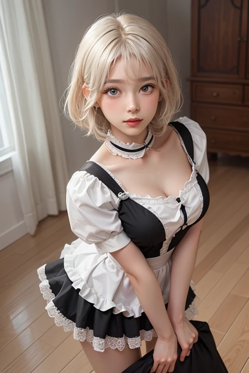 1 girl, solo, cute, looking at viewer, beautiful body, blush, (silver blonde short wavy hair), (small breast), (green eyes), very life-like eyes, black French maid outfit, dark sexy maid outfit, beautiful environment, life-like, highly detailed, masterpiece, best quality, highest quality, high resolution, (masterpiece:1.2), realistic lighting, incredible lighting