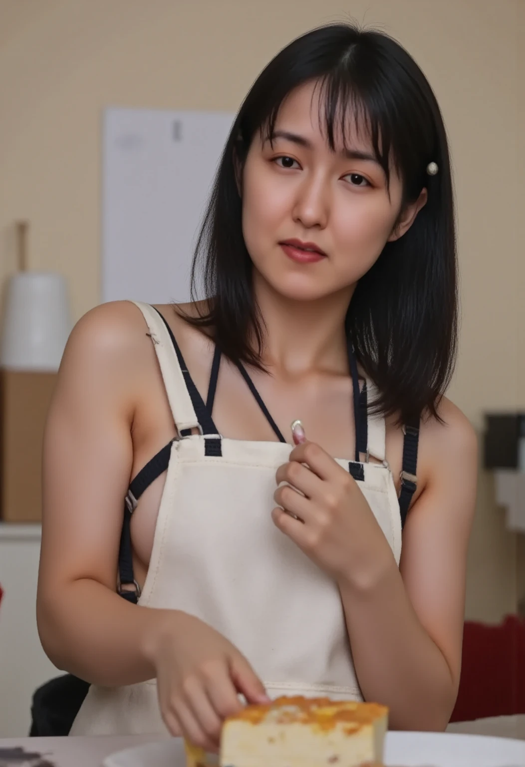 Highest quality、Ultra-high resolution、(Realistic)、18-year-old girl、((((Naked with an apron))))、((((I can see your nipples)))),Hyper Detail、Super Realistic、(Realistic)、More about beautiful skin、(masterpiece:1.0)、(Highest quality)、(Ultra-high resolution)、8K resolution、Canon EOS R5、135mm、Absurd、Very detailed、Sharp focus、Fine skin、(((Chirarizum、Small breasts)))