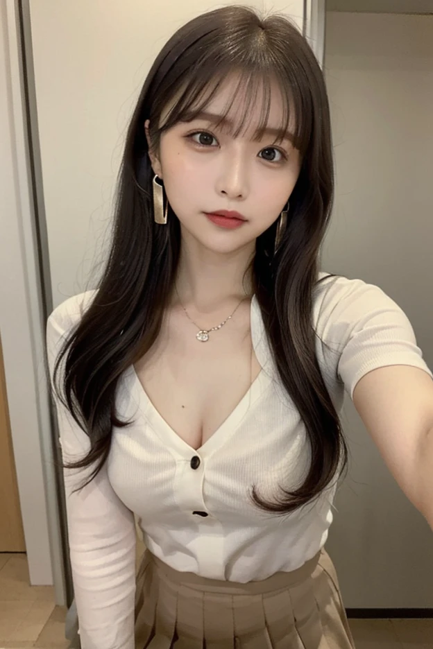 Masterpiece, Top Quality, Ultra High Definition, Colorful, Flat Color 1 girl, watching viewer, girl in the ballet department, sweaty cheeks, detailed texture, white blouse, blue jeans, deep cleavage, beautiful detailed face, adult atmosphere, exposure, upper body up, blurred background, long wave hair with bangs, big: 1.4, ANNAA