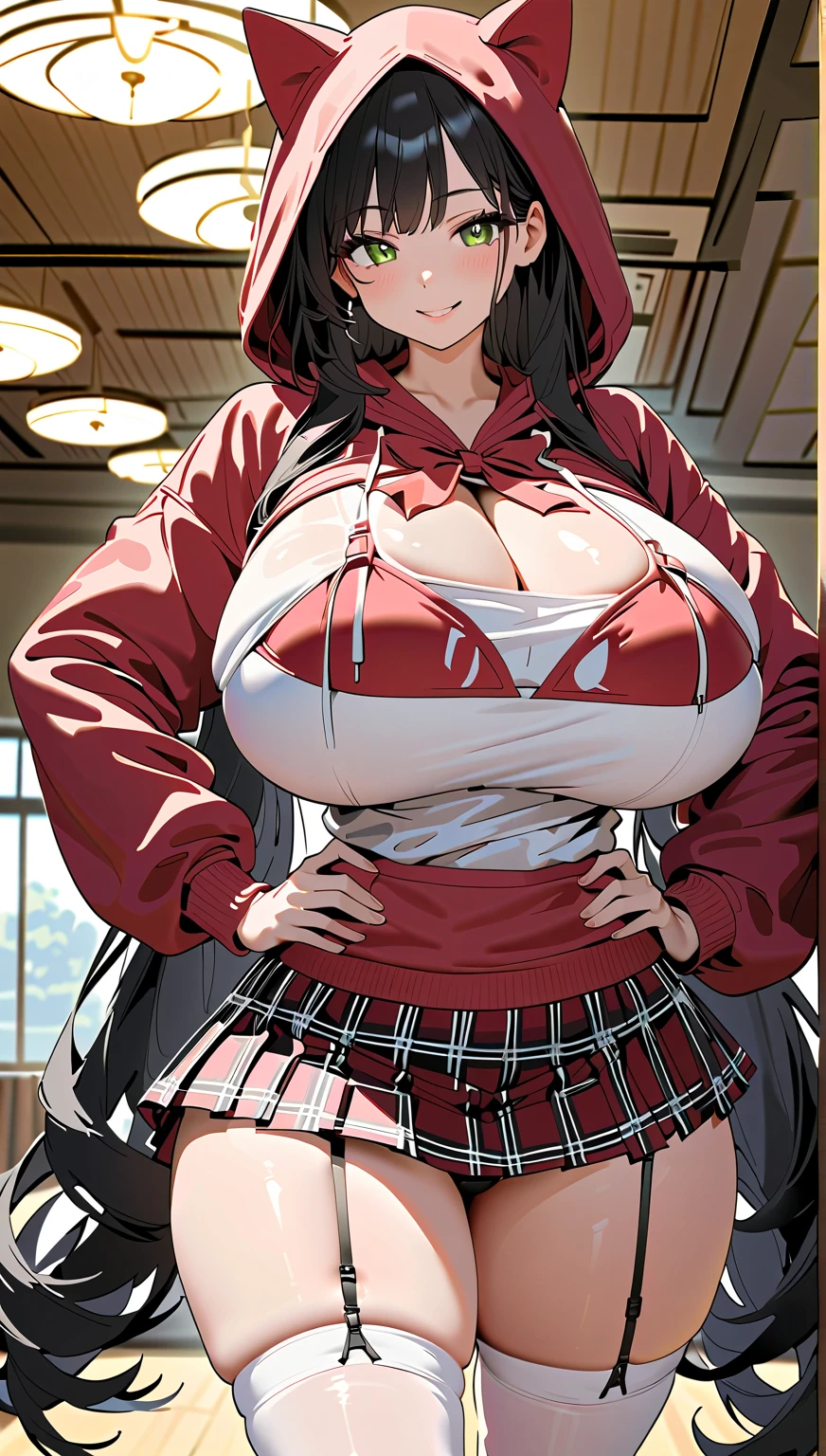 Italian girl, long black hair, 25 years old, hyper super gigantic and mammoth breasts, thin, has wet breasts, wears a torn tight t-shirt that does not contain the breasts and a black miniskirt with pleats, she is tied with ropes to a wall with of the iron rings, the arms are tense because of the ropes. each breast has straps, has an orgastic expression school gym scenario