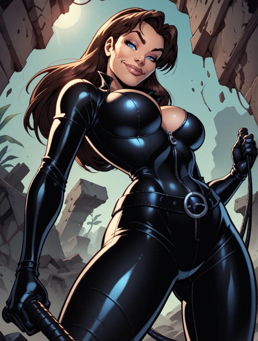 (masterpiece, top quality, best quality, official art, beautiful and aesthetic:1.2), (1girl:1.3), black hair in dreadlocks, extremely detailed, portrait, looking at viewer, solo, (full body:0.6), detailed background, close up, gold eyes, (cool space ship theme:1.1), (((green skin, scales, scaly skin, clawed fingers))), green reptile alien shapeshifter woman, charlatan, sinister smirk, mysterious, shapeshifting in a spaceship, revealing latex leotard, black leather, long boots, buckles, straps, pouches, collar, sleeveless, black latex, ((((gigantic breasts, cleavage, skindentation)))), slim waist, slim hips, long legs, futuristic (starship interior:1.1) background, dark mysterious lighting, shadows, magical atmosphere, dutch angle