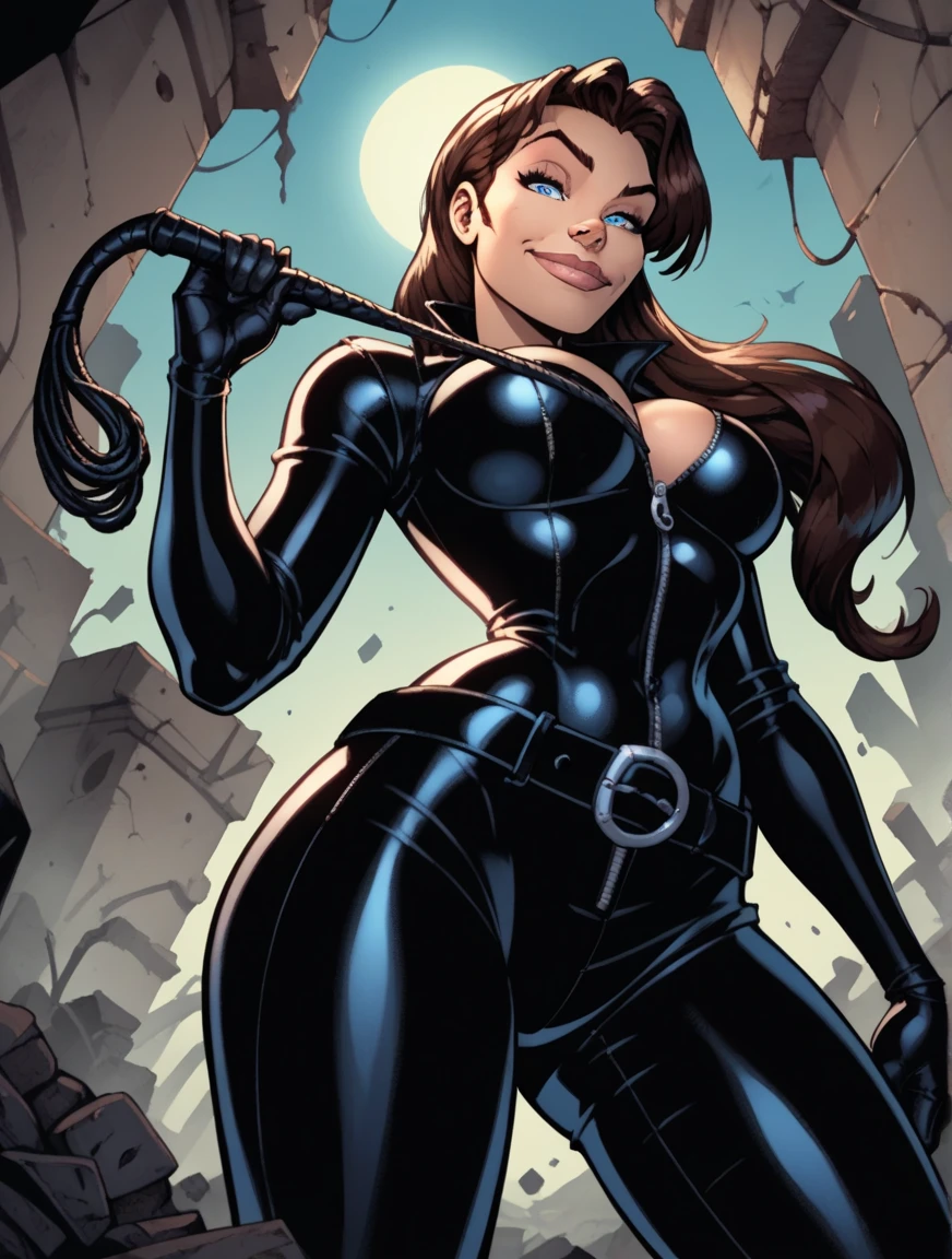 beautiful catwoman with long wavy caramel colored hair sexy comic style posing smiling standing full body view flat lay