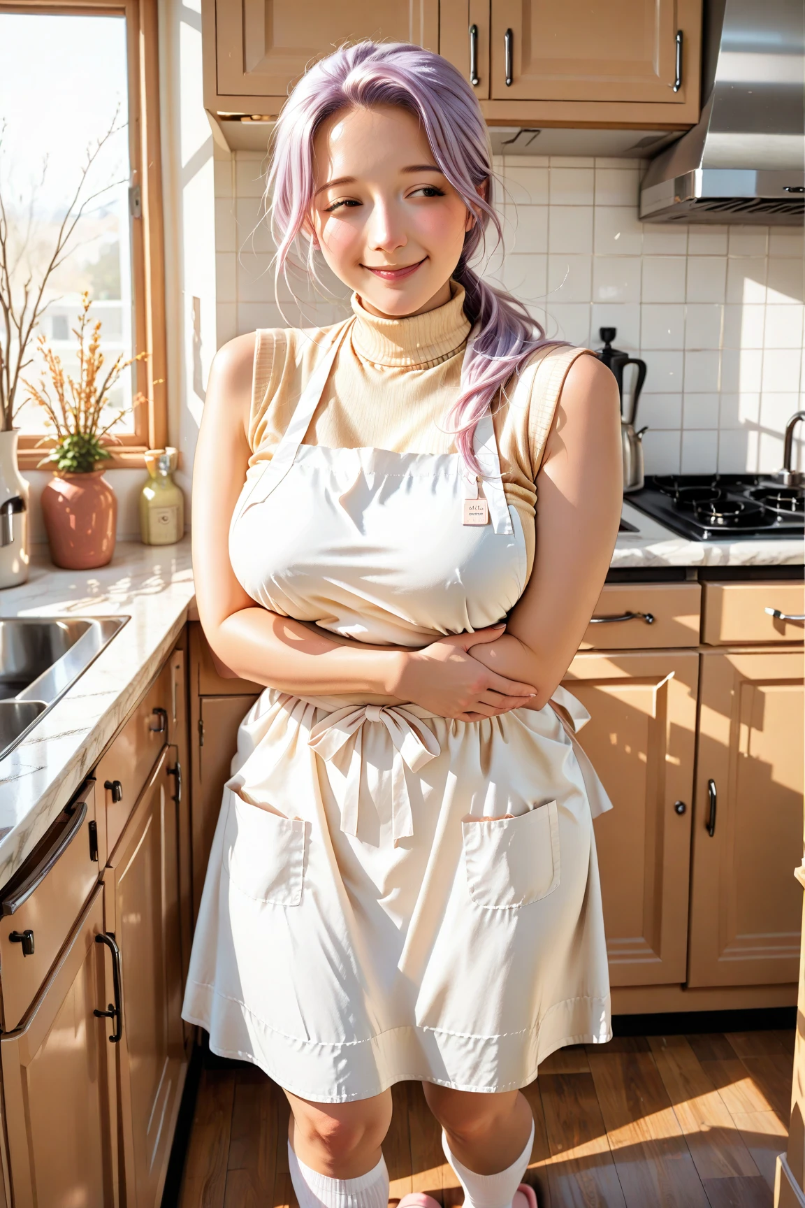 1 girl, a woman with tattoo, ((pink haired, bangs)), long hair, wearing a black apron (apron:1.2), cooking, cute smile, look at viewer, kitchen, cake and pie on background,  indoors, (soothing tones:1.0), (hdr:1.25), (artstation:1.2), dramatic, (scenery:1.4), (intricate details:1.14), (hyperrealistic 3d render:1.16), (filmic:0.55), (rutkowski:1.1), (faded:1.3), (Gigantic breast:1.6), (better hands, better arm)