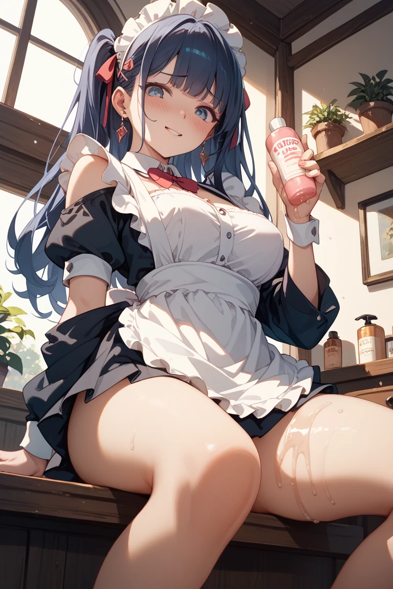 (masterpiece, best quality:1.2), 1girl, solo,dark skin,sweating skin,maid(Nude Apron:1.7),coffee shop,open pose:1.7