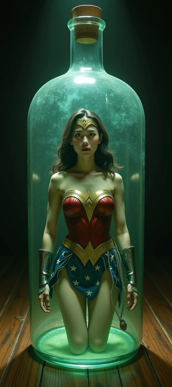 Wonder Woman tied and trapped inside a small glass box, restraint, hopeless, (wet body:1.2),