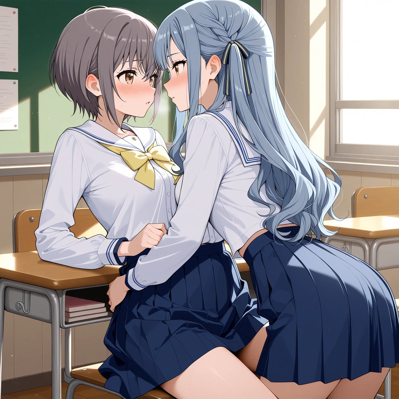 Two 14-year-old girls、Small breasts、kiss、Gray Hair、Twin tails、classroom、Sunset、after school、naked、Pussyの中に指を突っ込む、Pussyを見せる、Pussy、Erect nipples、Pussyを広げる