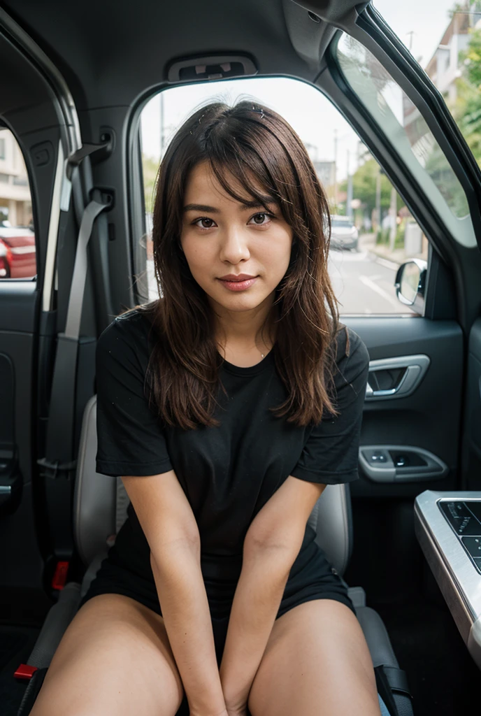 Subject: A young woman sitting in a car, facing the camera.
Pose: The woman is sticking out her tongue playfully.
Facial Expression: She has a playful expression with her tongue out.
Hair: She has straight, long brown hair with bangs.
Clothing: She is wearing a low-cut black top revealing a bit of a light-colored bra.
Setting: Inside a car with dim lighting, possibly at night.