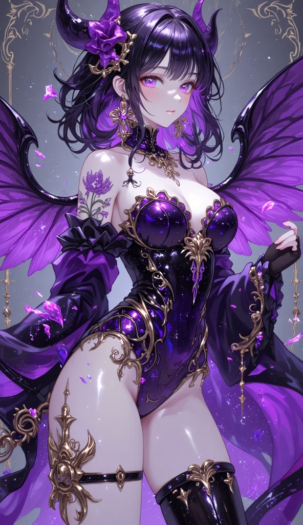 (best quality, ultra-derailed, photorealistic), A captivating illustration of a beautifully sculpted female character with straight silver hair, a perfect, slim yet voluptuous body, and striking assets. She dons a seductive purple and gold costume, intricately designed to resemble a stunning flower. The outfit features a bodysuit with petal-like patterns, complemented by gold hair ornaments. The character, exuding confidence, poses amidst a lush, purplish jungle setting, her large, gold-purple wings reminiscent of flower petals unfurled. The artwork combines elements of illustration, painting, and portrait photography, highlighting the fashion-forward design of the ensemble., portrait photography, fashion, illustration, painting
