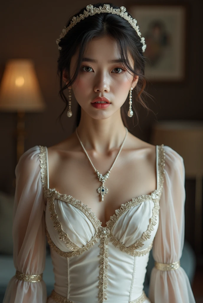 beautiful detailed eyes, beautiful detailed lips, extremely detailed eyes and face, longeyelashes, 1girl, wearing hijab, nude, large breasts, intricate detailed clothing, ornate jewelry, elegant pose, photorealistic, highly detailed, dramatic lighting, cinematic composition, vibrant colors, chiaroscuro, renaissance painting style