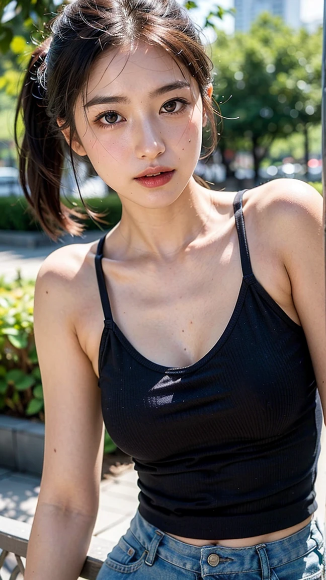 ((((masterpiece, best quality, high resolution)))), Extremely detailed 8K, Beautiful girl with voluptuous body, (Ultra HD, Ultra-detailed, Highly detailed, Highly realistic, Ultra-realistic, photograph realistic), (1girl:1.5), (Realistic white hair), short wavy black hair, bob cut, (dynamic poses), facing at camera, light smile, purple eyes, average breasts, (beautiful detailed face, beautiful detailed eyes), (white tank top, thin material), cleavage, dark jean shorts, glow, sweat, (sunbeam, sunlight)、Fishnet tights