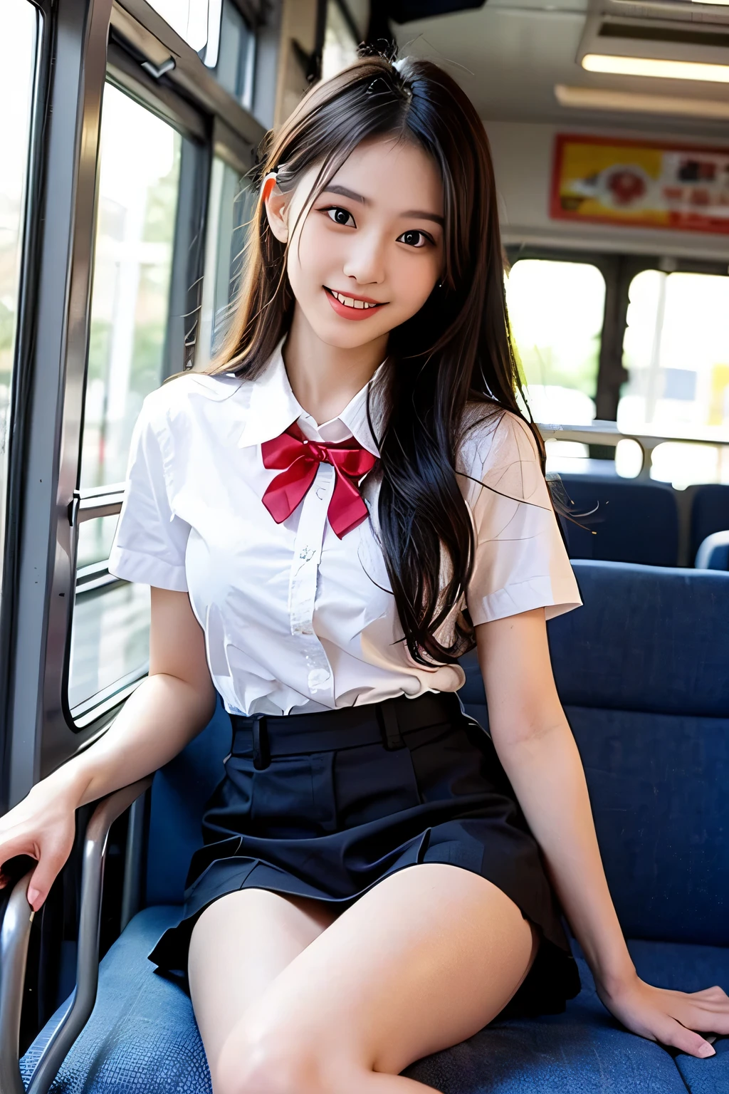 (((Big: 1.3, Saggy breasts: 1.4)))), 8k, RAW photos, low angle shots, ((18 years old, very cute schoolgirl in a short skirt and bow tie sitting on a crowded train)), (Japan girl in uniform), (in Japan school uniform), (in Japan school uniform), (surreal schoolgirl), (dressed as a schoolgirl, surreal schoolgirl), Wearing a school uniform, realistic schoolgirl, girl in uniform, wearing uniform, schoolgirl pose, full body, nice skin, glowing skin, nice thighs, shining thighs, shining legs, smiling (in a crowded train), bangs, showing teeth, twin tails, hair ornament, (round face), sagging eyes, round beautiful eyes, chubby, (((glowing white skin)), shoulder width: 0.6, low angle, accentuated (white thighs), long legs, shining legsEmphasis on shiny breasts, emphasis on kneecaps, ((wearing loafers)), (photo up to the toes), (light makeup)), beautiful teeth alignment