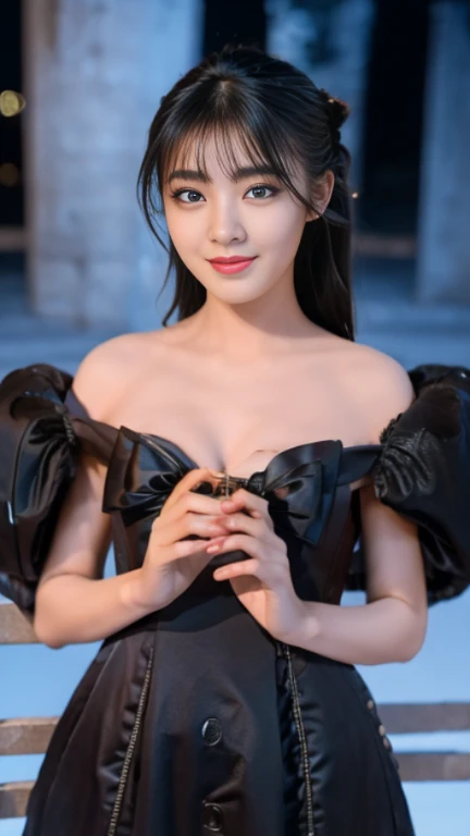 best quality, masterpiece, (Reality:1.4), 1 Girl, Cowboy shooting, Luxurious and elegant off-the-shoulder dress, Dramatic Lighting, Shoulder-length hair, White gloves, Five arms, Luxury hall background, night, Japanese Face Hole, Braided hair, Small Breasts