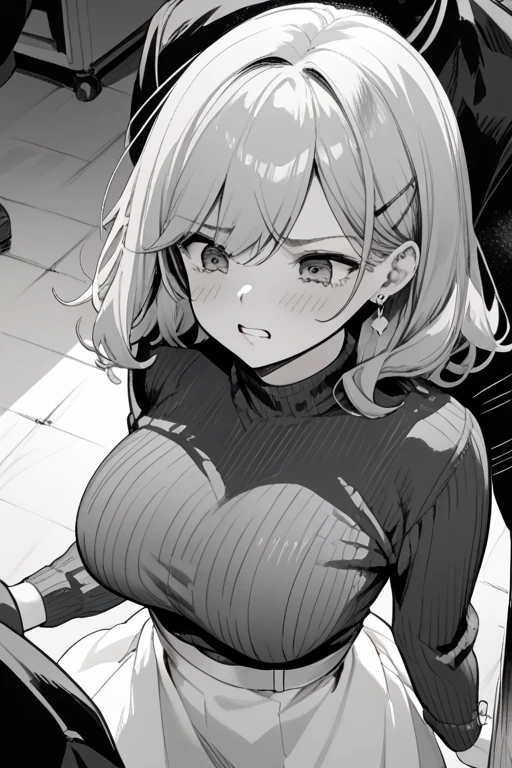 In the style of My Hero Academia, a distressed scene featuring Todoroki Shouto. Toga's costume is torn, revealing her muscular physique and ribbed abs. Her hair is disheveled, with strands of red falling across her sweat-drenched forehead. Her eyes are filled with determination, a stark contrast to the distressed background of the setting. The background is blurred, adding to the sense of chaos and uncertainty. Toga's arms are crossed over her chest, and her lips are pressed together in a determination-filled frown. The wallpaper has a high-resolution, capturing every detail of Toga's lean muscles and the distress in her expression. A color