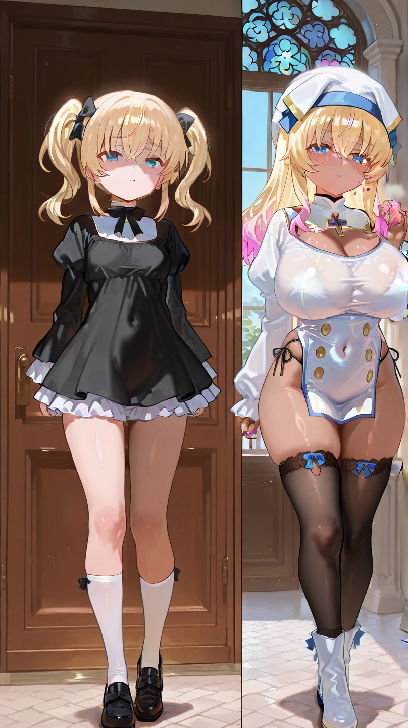 ((highest quality、High resolution、masterpiece))、(((2girls))), Portrait、A beautiful woman、Perfect body、beautiful ample breasts、Long blonde、Maid、No panties、Embarrassed、((Lift up your skirt and show your pussy))、Love juice、I'm tempting you