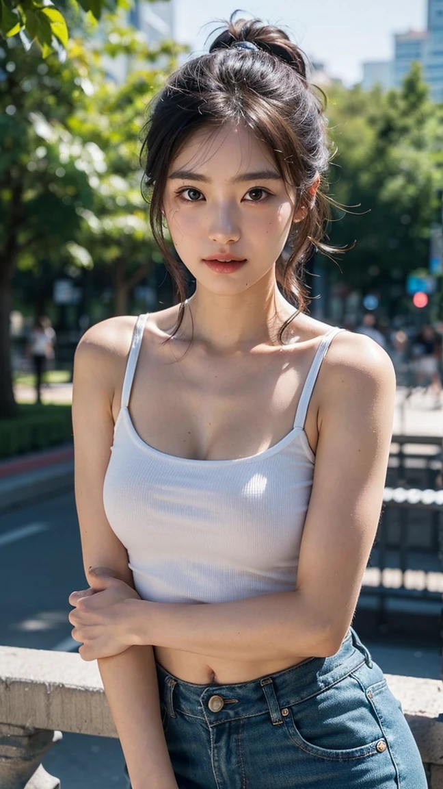 ((Best quality at best)), ((tmasterpiece)), (Detailed pubic hair), Background in front of commercial building，Female upper body，natural face，Black professional work uniform，Hair tied up，中景 the scene iackground bokeh