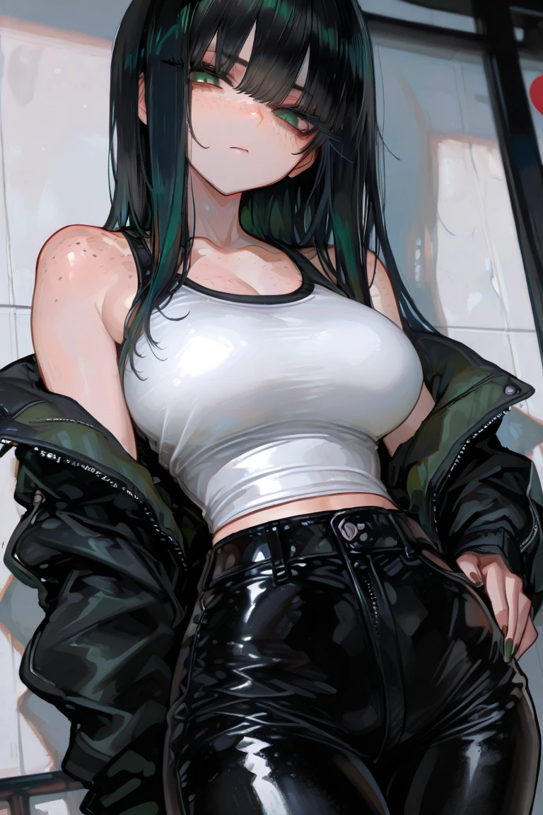 young kitten with green eyes, long black hair. black fur and skin, with white internal parts, in a sexy pose, wearing tight short jean shorts, and a black leather jacket, with a fluffy tail