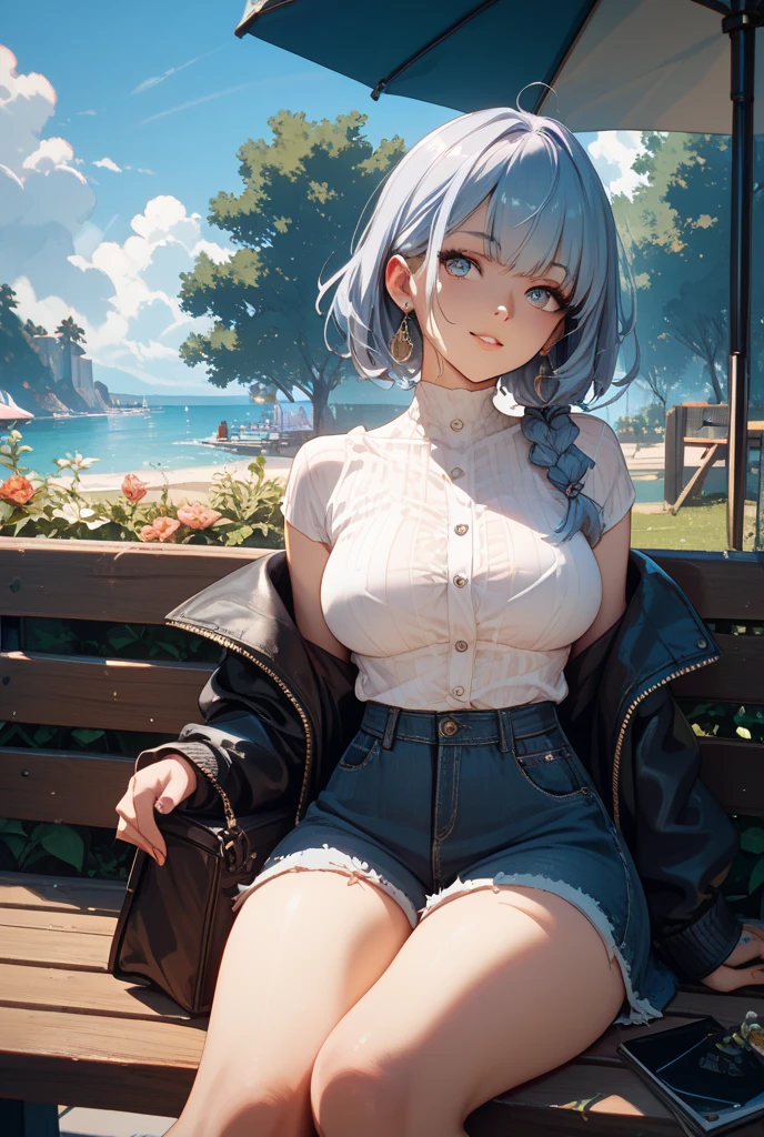 (High quality, High resolution, Fine details), grasslands, sit cross-legged, tank top, Short denim, Sneakers, solo, curvy adult women, white hair, sparkling eyes, (Detailed eyes:1.2), smile, blush, Sweat, Oily skin, Soft tones, shallow depth of field