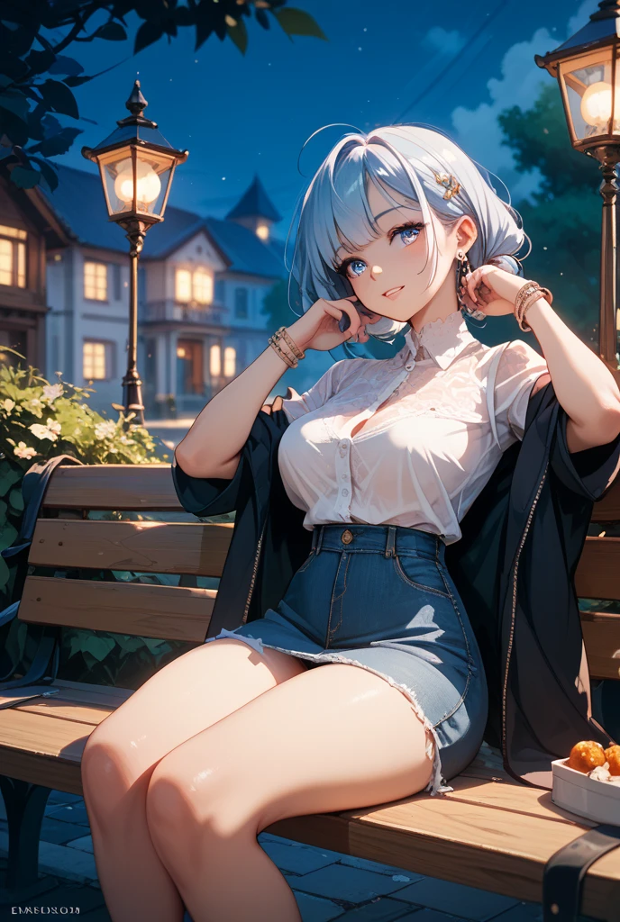 (best quality, ultra-detailed, photorealistic: 1.39), bright and vibrant colors, studio lighting, romantic expression, An effeminate girl, with a delicate and beautiful face. She is a girl who reflects seductive beauty, sparkling eyes, A beautiful adult woman beautiful and voluminous curly white hair, hair clip, crying a seductive 28 year old woman with big breasts seduces, with her large breasts seduces, transparent long-sleeved blouse with buttons, denim shorts with suspenders, with her blue eyes that matches her soft smile, in a beautiful pose demonstrating her seduction on the street, sitting on a chair, tables and chairs black socks, park at night, moon, lamppost, trees and a festival near the lake, night with soft lighting, anime style, like a manwha character