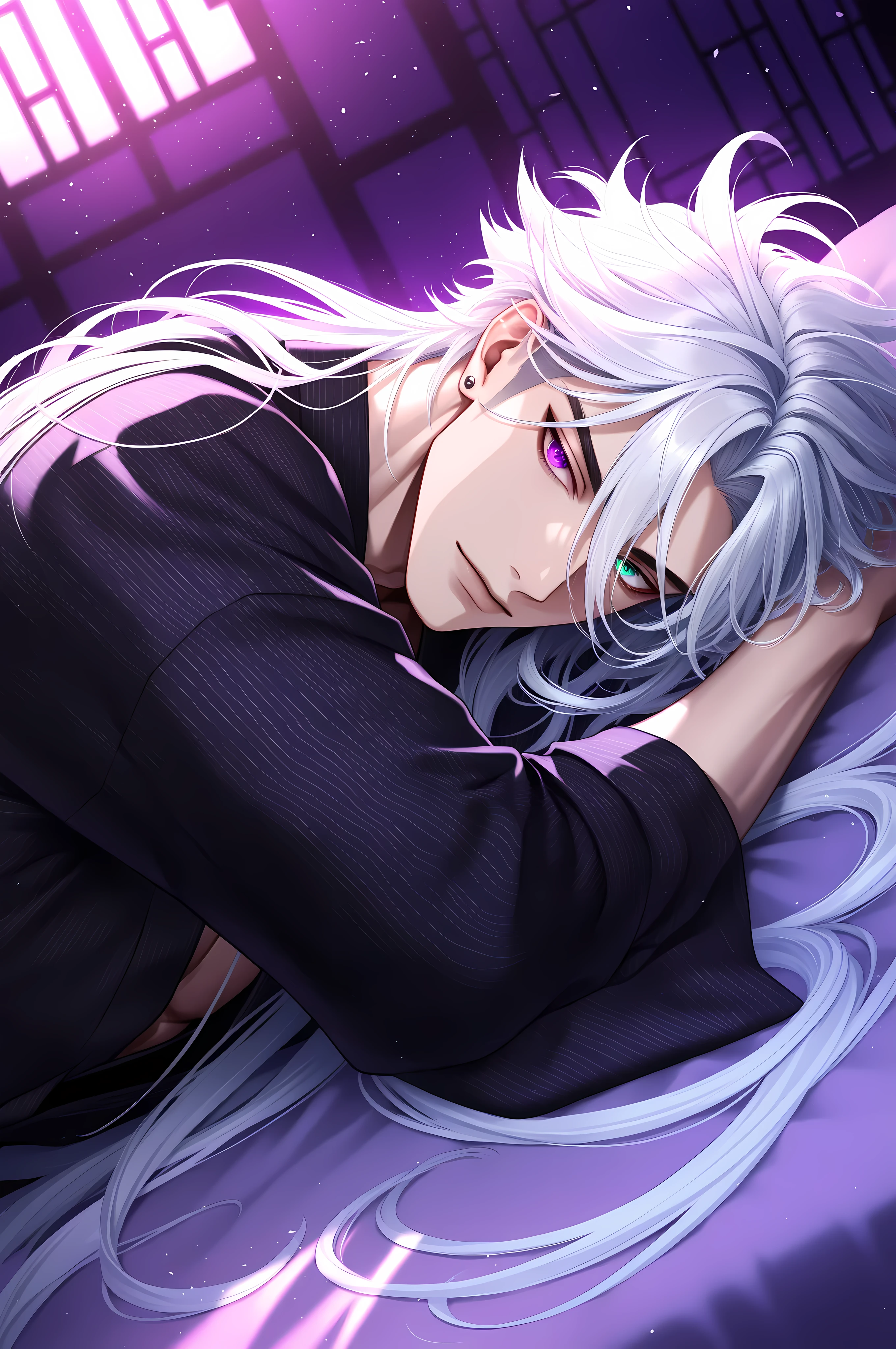 male, handsome, tall, finely detailed purple and green heterochromia eyes and detailed face, puffy lips,, ((very long white hair)), more details, humanoid dragon-god, looking at the viewer, light skin, lying down on bed, detailed textures, (((male focus))), masculine, semi-realism, single character, black yukata, piercing,masterpiece, best quality, ultra detailed, 8k unity wallpapers, ray tracing, illustration, colorful, cinematic shadow, extremely detailed background, fantasy character, dnd,bishounen,tsurime,, ultra-detailed, intricate details,masterpiece, best quality, amazing quality, hyper-detailed, newest, very aesthetic