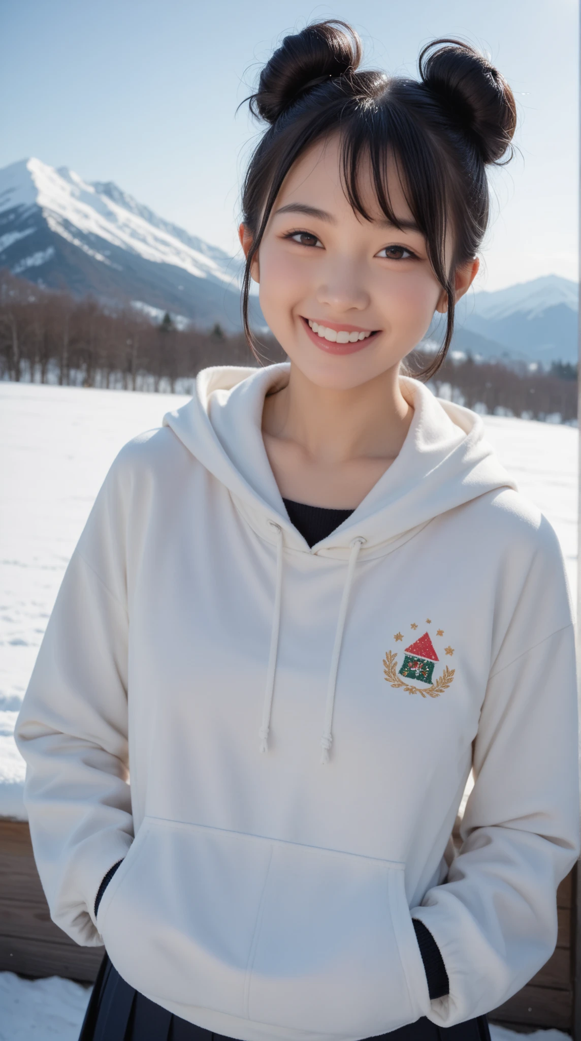 8K, 32K, real, photo-like. A Japanese high school girl with black hair in a bun, smiling, wearing a white hoodie. Her face is large and centered in a close-up shot. The background is a snowy mountain.