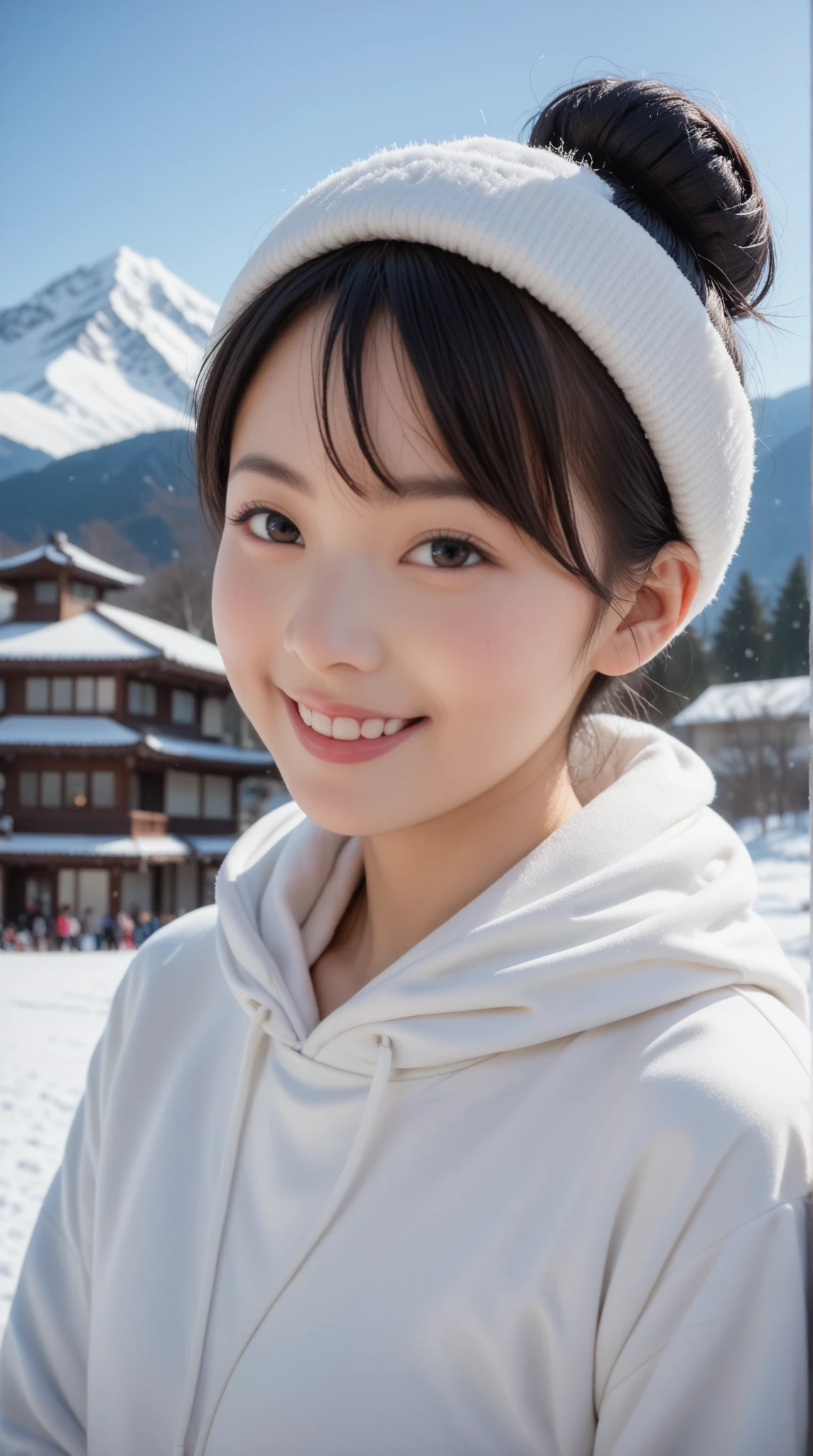 8K, 32K, real, photo-like. A Japanese high school girl with black hair in a bun, smiling, wearing a white hoodie. Her face is large and centered in a close-up shot. The background is a snowy mountain.