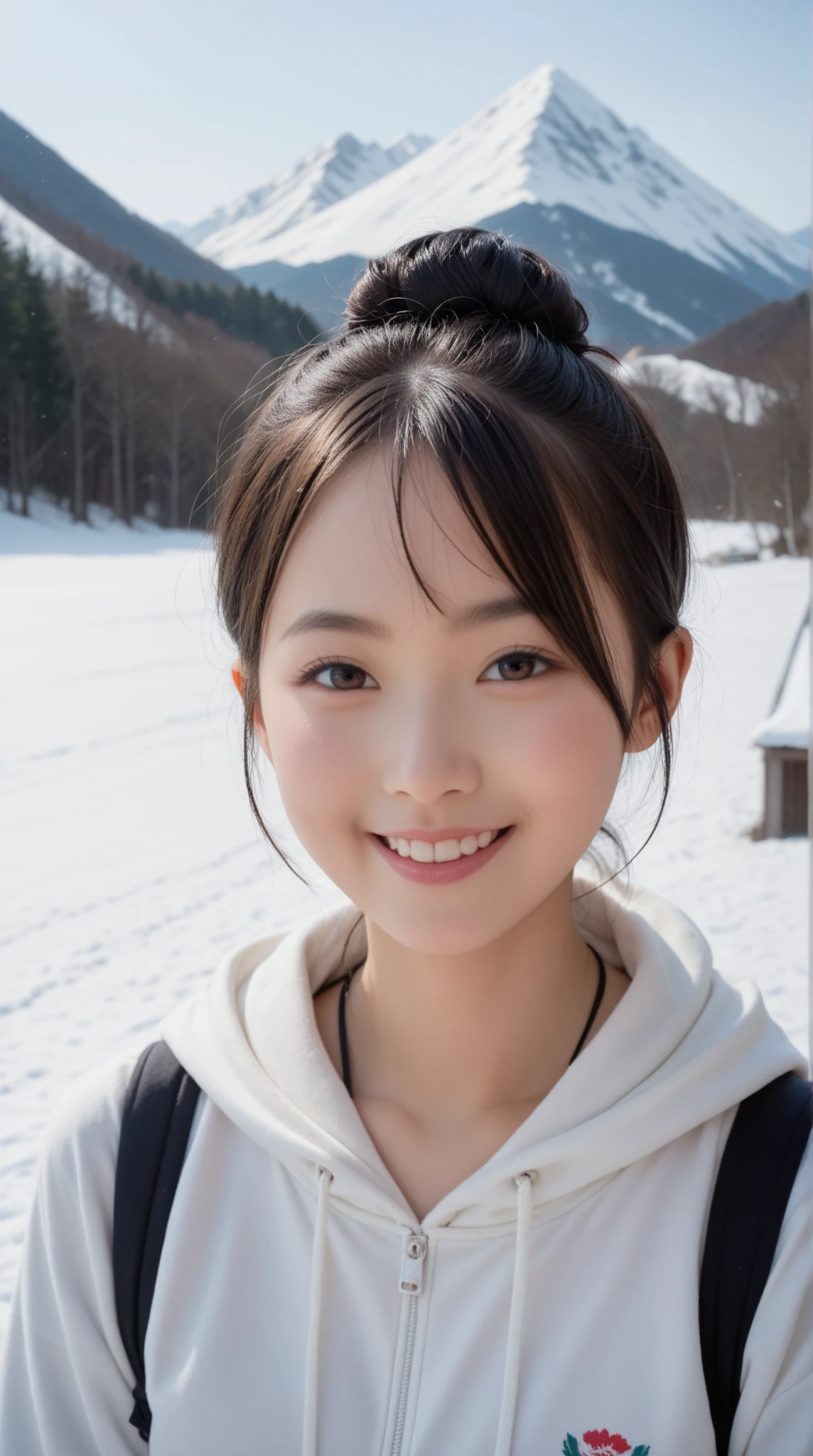 8K, 32K, real, photo-like. A Japanese high school girl with black hair in a bun, smiling, wearing a white hoodie. Her face is large and centered in a close-up shot. The background is a snowy mountain.