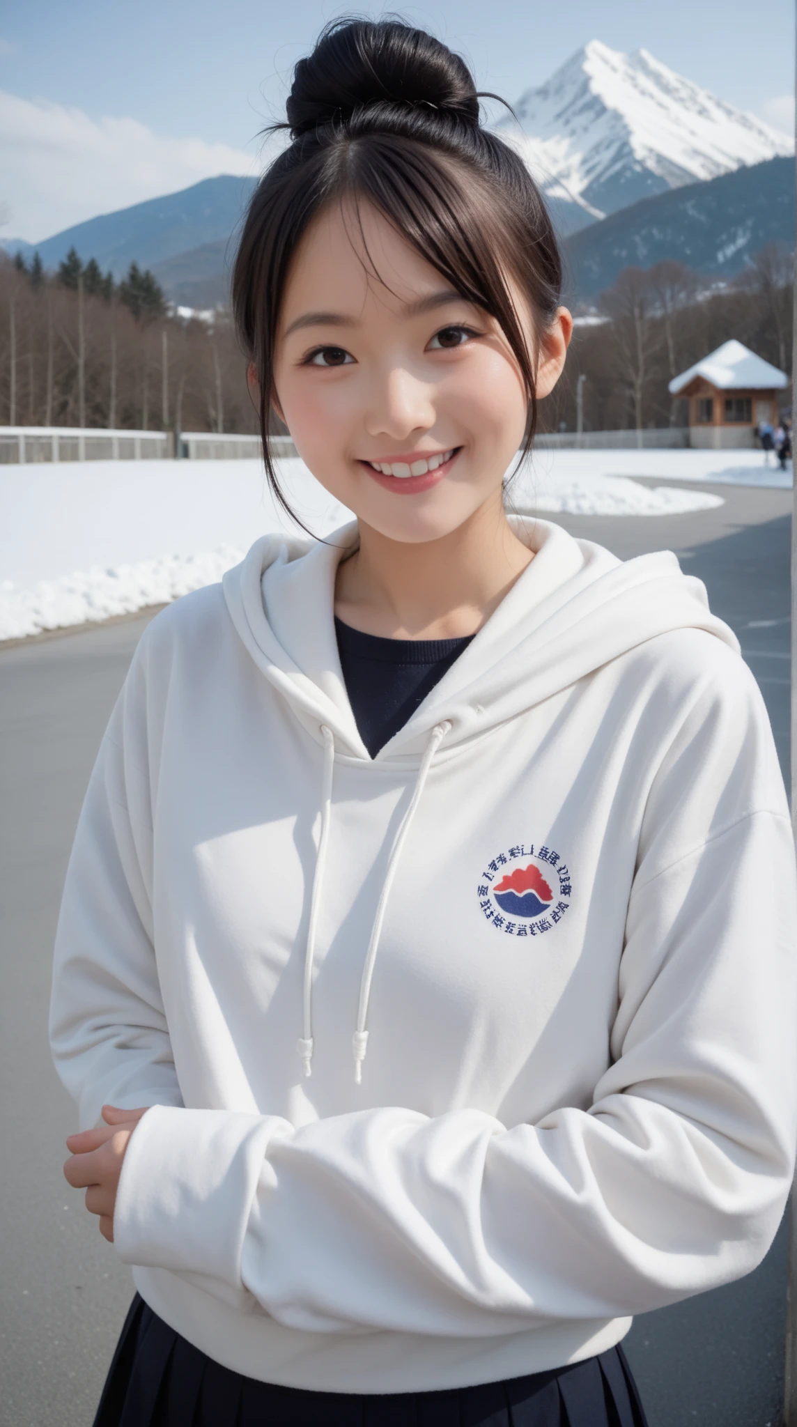 8K, 32K, real, photo-like. A Japanese high school girl with black hair in a bun, smiling, wearing a white hoodie. Her face is large and centered in a close-up shot. The background is a snowy mountain.
