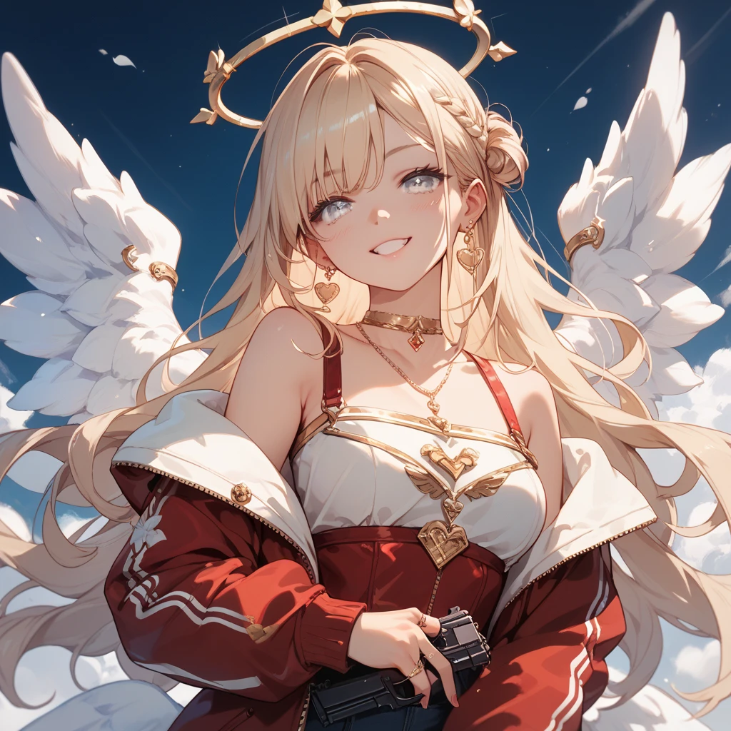 Top quality, ultra high resolution, (photorealistic: 1.4), Spatula scepter, red and white priest robe, ray tracing, space background, perfect, ultra high detailed, highly detailed face, saint halo, attractive face. Model face. Braid. Thin, beautiful details, Big tits. Shorts. Earring. Luxurious necklace. Detail. Realistic details. Real. Ability. Competent. On the back large wings. hair in braids, traditional female hairstyle, long braid hair, hair in braids, Angel's wings, Detached sleeves, Bare shoulders, Middle opening, Cleavage, Middle chest, Hair ornament, Thigh height, Full body, Look at viewer, break, otherworldly. Black suspended particles. Black smoke. Black crystals around.. Warping the body.