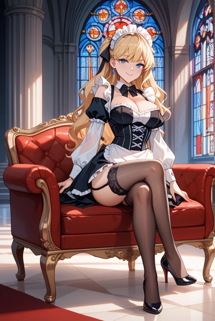 (masterpiece、highest quality、Verbosity: 1.2)、1girl、Sarielx、heterochromia、Braided bangs、dramatic lighting、soft particles、light beam、Mistress、O-ring top、corset、peaked hat、white panties、thigh high boots、grin、blush、upscale、gold trim、curtain、sofa、throne、spread legs、Legs up、sit、big breasts、crop whip、anime、sunshine、(specular lighting:1.4)