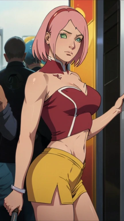 (Masterpiece:1.5) ,stunning realistic, best quality, Sharpness, 1 girl,sakura haruno, pink hair,green eyes,dunkelblaue raute auf der stirn,(arms behind head:1.5),full body,(knitted sweater:1.5),skinny jeans,sexy body,middle large breasts,