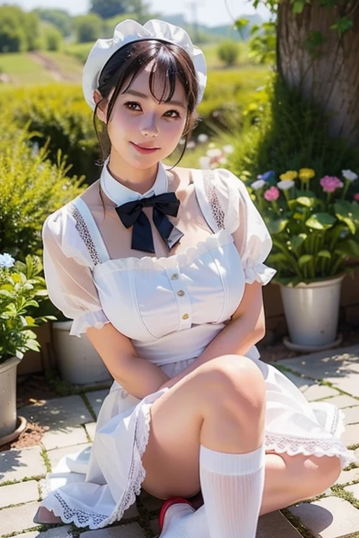 beautiful girl,black hair,bob cut style with bangs,smile,big breasts,cleavage,big ass,sexy,(maid),(white baggy high loose socks:1.3),(raise hand),((spread your legs)),(Lying in the graveyard at night),(From above),scoop,skeleton,