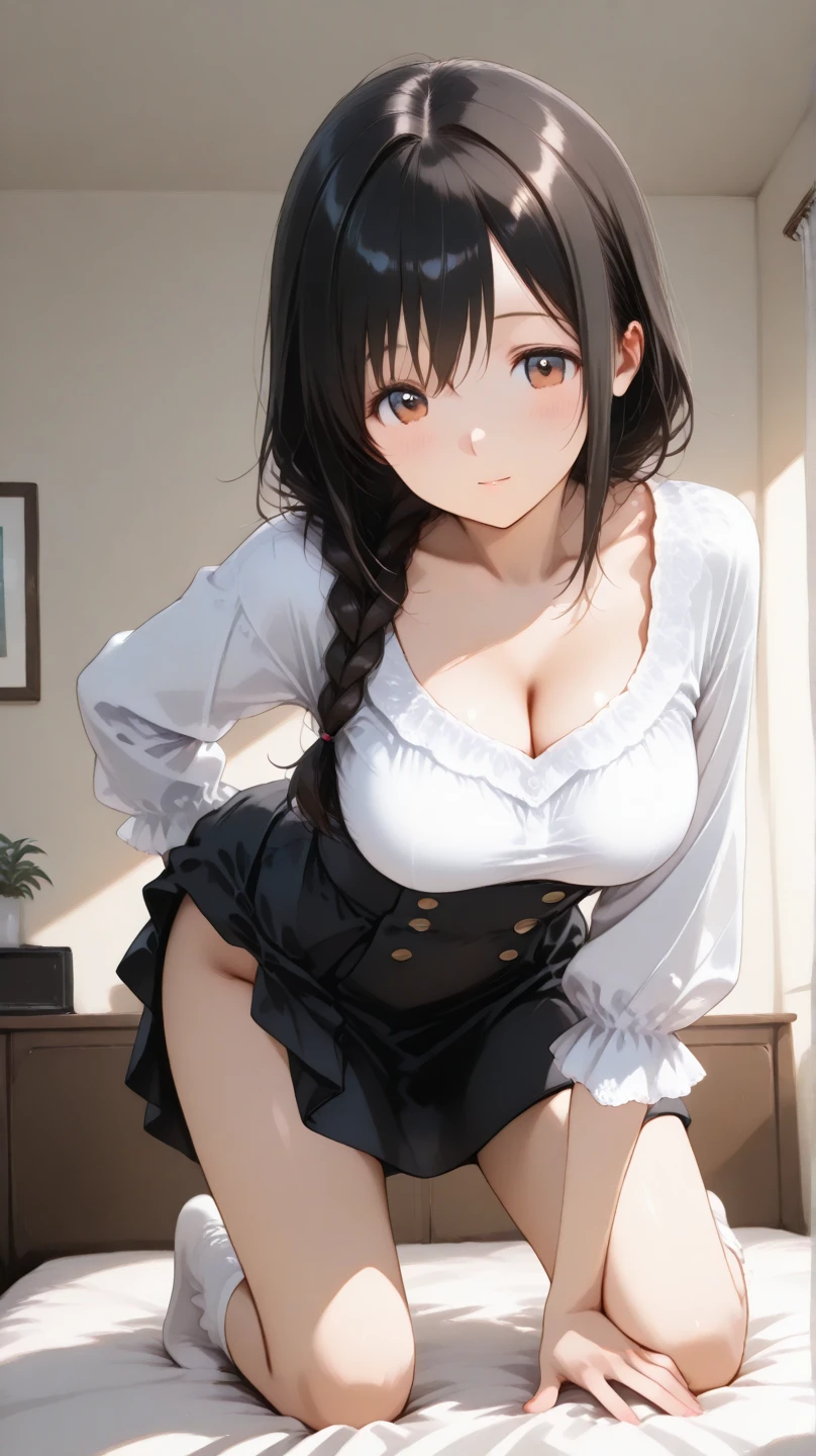 ((masutepiece, Best Quality, hight resolution, nffsw, Perfect Pixel, 4K, nffsw, nffsw))), 1girl in, Single, Solo, Beautie、full body seen、 ((Middle Wave Hair, Bangs, Brown hair)), ((Brown-eyed, Beautiful eyelashes, Realistic eyes)), ((Detailed face, Blushing:1.2)), ((Smooth texture:0.75, Realistic texture:0.65, Photorealistic:1.1, Anime CG style)), medium breasts, Dynamic Angle, Perfect body, ((black bunny ears、Red Sexy Bra、、high school girl plaid skirt、garter stocking、high-heels、Kamimei、See-through nipples)), Classrooms without people、Sit on a desk、、、early evening、、、Very embarrassing panic smile、soft boob、Emphasis on the chest、(、、Open both legs、Pink lace panties)、