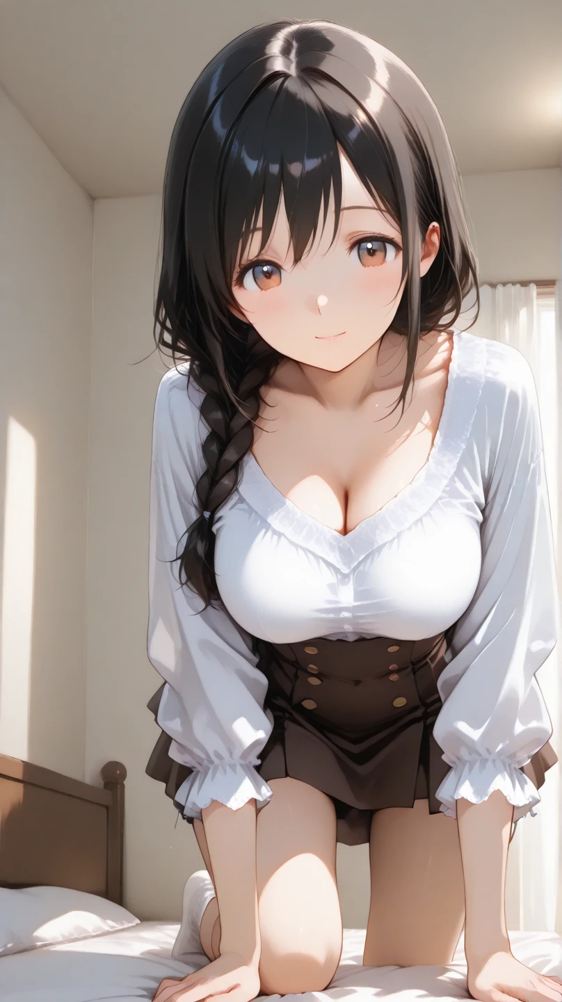 , 1girl, masterpiece, long hair, ponytail, medium breasts, anime, , anime screencap, indoors, long bangs, hair ornament, white shirt, black pantyhose, black skirt, red eyes, dark brown hair, thighs, intricate shirt, standing, multiple views, low, pantyshot, white panties, panties under pantyhose